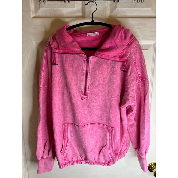 Zenana‎ acid wash fleece half zip hoodie hot pink - Picture 3 of 6